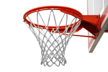 Close up of a basketball hoop and net isolated on transparent background. Close up view of a basketball hoop and net ready for the game isolated on white background.