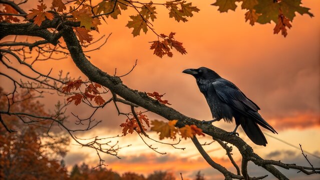 Black Crow Perched on Autumn Tree Branch against Dramatic Orange Sunset Sky