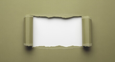 Ripped paper opening with rolled edges forms a blank window for price offer text, product launch announcements and retail shelf signage on a textured sheet background with clear copy space