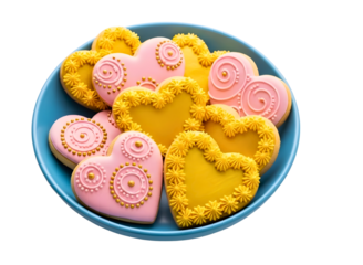 A blue bowl filled with pink and yellow heart shaped cookies on transparent background