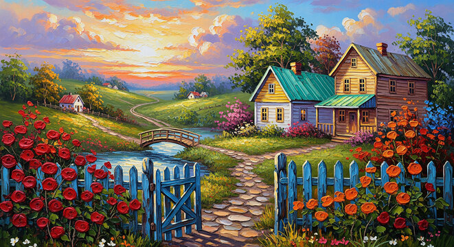 Village Landscape Oil Painting with Blue Fence 3D relief wallpaper for mural wall art, canvas print, wall decor painting design