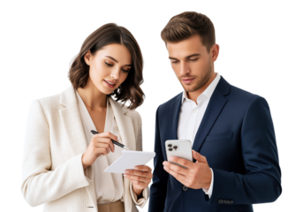 Legal notary and private investigator checking identity details on smartphone while taking notes in journal to verify document authenticity or court evidence during confidential case review