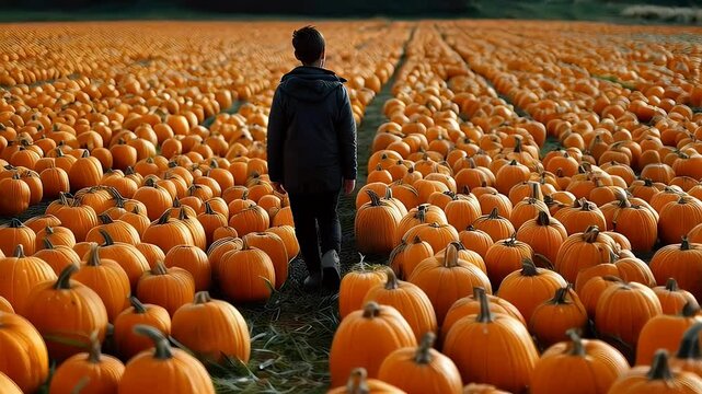 Person walking through pumpkin patch harvest field overhead view