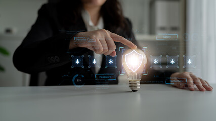 A concept of an advanced cybersecurity system. The futuristic interface shows a multi-factor authentication process using a secure password or PIN for enhanced data protection. Fermion