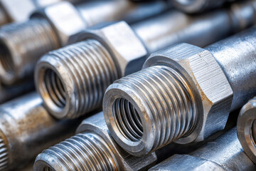A detailed view of metallic threaded pipe fittings stacked in a workshop showing industrial hardware elements used for plumbing and mechanical connections
