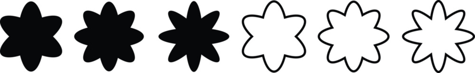 Flower and starburst shape icons in solid and outline set