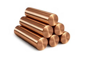 Copper metal rods stacked, raw material for industry, engineering, and manufacturing process on transparent background