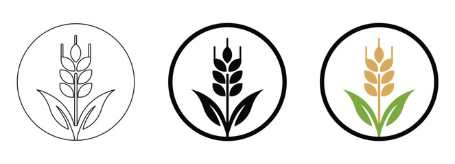 Minimal Wheat Plant Logo Set in Circular Frame &ndash; Line Art, Solid and Flat Color Agriculture Icons on White Background
