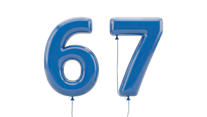 Blue Balloon Numbers 67 on White Background
