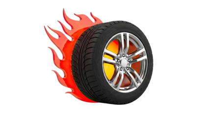 Burning Tire with Flames on White Background