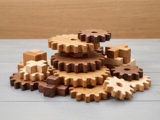 Wooden interlocking gears and blocks forming a playful structure