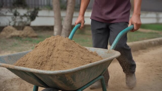 A person pushing a wheelbarrow filled with sand, showcasing a worker in action
