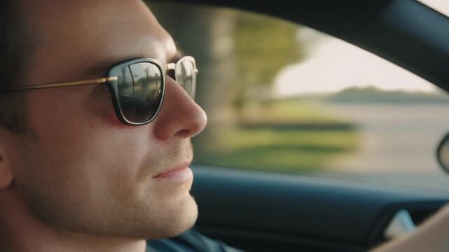 A man wearing sunglasses driving a car, a portrait of a person driving a vehicle