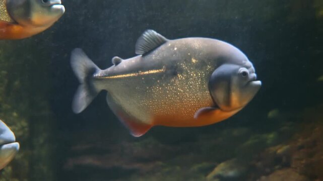 A detailed shot of a piranha swimming in murky water, showcasing its sharp teeth and intimidating presence. The fish displays a distinctive appearance and strong predatory nature