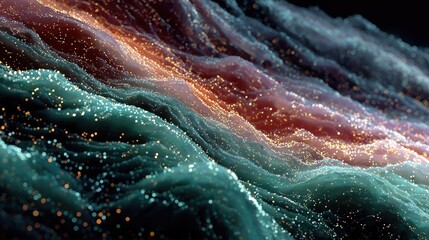 Abstract particle and energy fields with glowing dots, swirling motions, and vibrant color effects simulating dynamic data streams and futuristic visuals