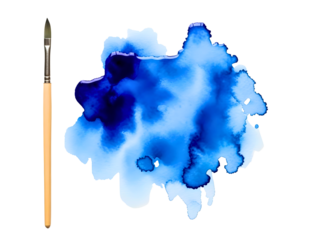 Watercolor paintbrush with blue watercolor stain isolated on transparent background