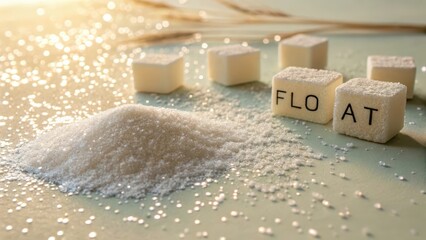 Sugar cubes and white powder with a float inscription
