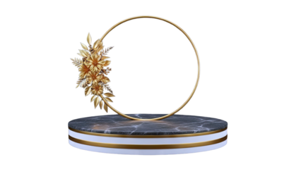 Golden Floral Display on Marble Podium - Elegant Presentation