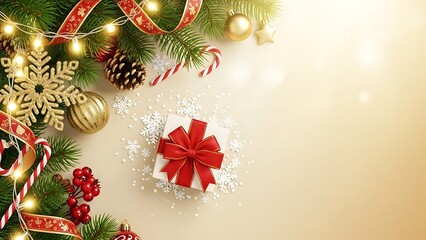 Overhead view of festive christmas decorations including a gift box, lights, and pine branches border