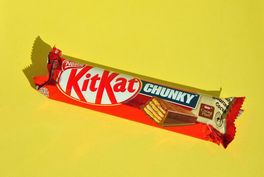 Chechelnik, Vinnytsia region, Ukraine, March 03, 2024: Kitkat chocolate bar with wafer from the famous manufacturer Nestl&eacute;. editorial