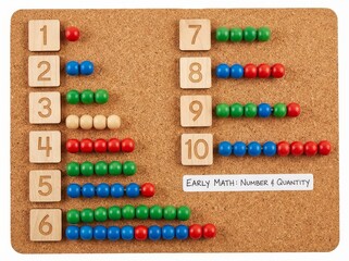 Wooden number blocks and colorful beads on corkboard for learning