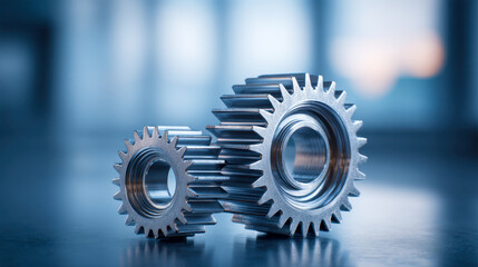 Two metallic mechanical gears positioned on a reflective surface with soft focus background conveying precision engineering and industrial concept