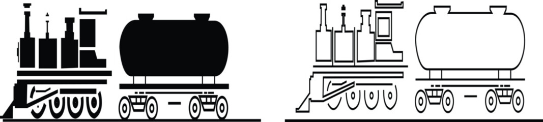 Black train icon set in flat and line style railway locomotive and freight transport silhouette collection featuring passenger and cargo rail graphic group, minimal monochrome vector illustration pack © Muhammad