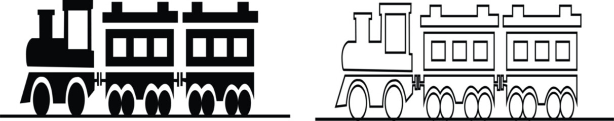 Black train icon set in flat and line style railway locomotive and freight transport silhouette collection featuring passenger and cargo rail graphic group, minimal monochrome vector illustration pack © Muhammad