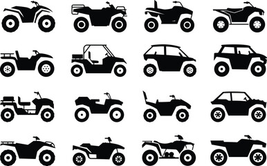 Naklejka premium Set of 16 Black Silhouette Icons Featuring Off-Road ATVs, UTVs, and Dune Buggies in Various Utility and Adventure Designs