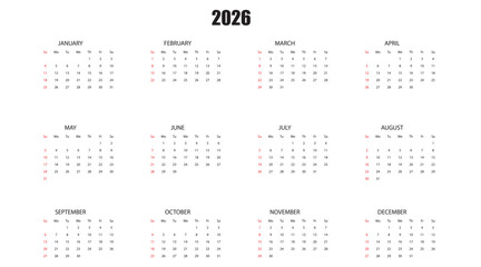 Clean Annual 2026 Calendar Planner Vector Template (Modern 12 Months Overview Layout, Stationery Design)