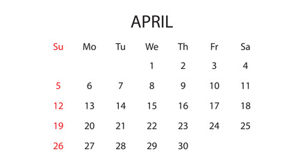 April 2026 Monthly Calendar Vector Template (Spring Season Planner, Minimalist Business Schedule Layout)