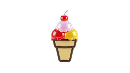 Colorful Ice Cream Cone with Cherry on White Background
