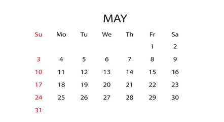 May 2026 Monthly Calendar Vector Template (Spring Planner, Clean Professional Business Schedule Layout)