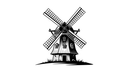 Obraz premium Detailed Black and White Windmill Illustration on White Background.