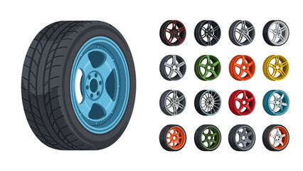Automotive vector illustration set showcasing diverse vehicle wheel and rim designs