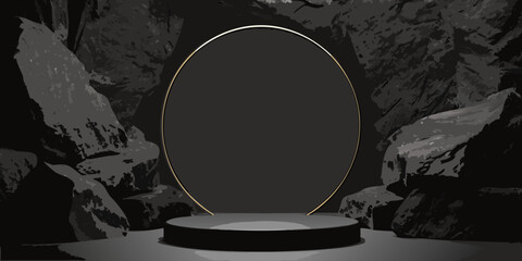 A lone oval portal stands amidst a dark rocky and mysterious landscape © Raju