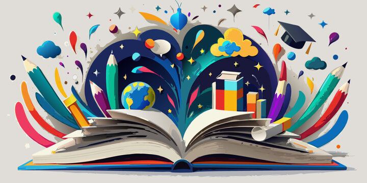 An open book unleashes a vibrant explosion of learning and creativity
