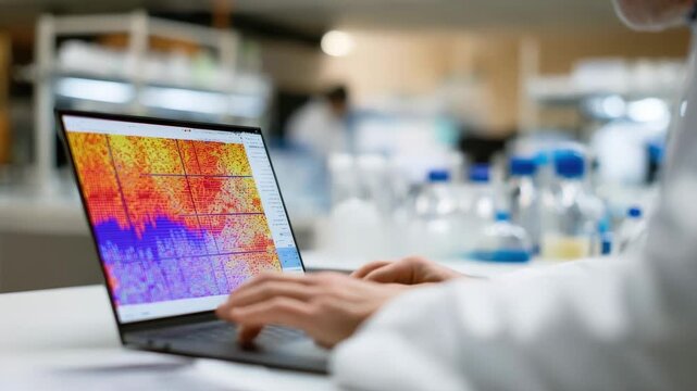 Medium shot of a researcher reviewing heatmaps and clickstreams on a laptop to study how users navigate an ecommerce platform.