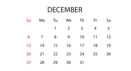 December 2026 Monthly Calendar Vector Template (Christmas Holiday Planner, Year-End Schedule Layout)