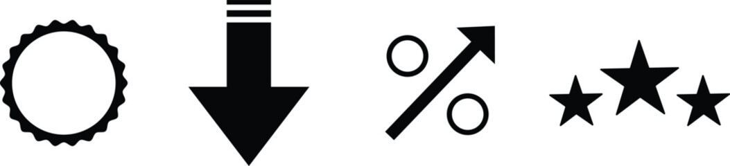 Common UI symbols icons set for rating, download and sale.