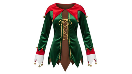 Festive Green and Red Christmas Elf Costume Tunic with Bells Product Shot Isolated