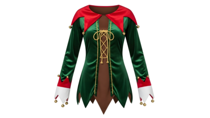 Festive Green and Red Christmas Elf Costume Tunic with Bells Product Shot Isolated