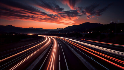 Highway night long exposure traffic light trails mountains sunset sunrise landscape winding road motion dramatic sky orange pink vista automotive generative AI
