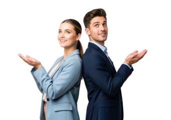 Product demonstration specialists showcase features with presentation hand gesture during exhibition booth setup for trade show attendees at industry convention or expo event