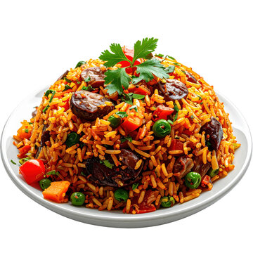 Arroz chaufa peruvian fried rice with chicken vegetables and soy sauce a popular chifa cuisine dish isolated on white background