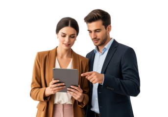 Accountant colleagues examine financial statement on tablet during audit procedure and tax calculation for quarterly report preparation with balance sheet reconciliation in accounting firm