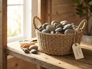 Woven basket filled with smooth river stones on wooden surface