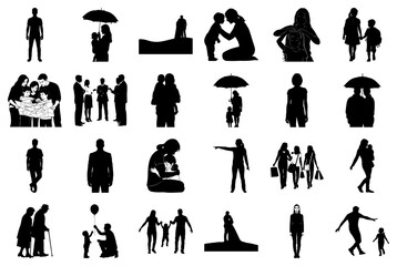 Array of Silhouettes Illustrating Family, Relationships, and Daily Life