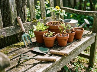 Young plants and gardening tools on a rustic wooden bench