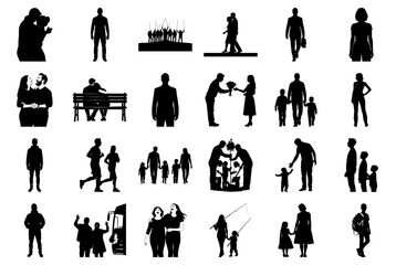 Collection of Black Silhouettes of People in Various Poses Keywords: silhouette, people, man